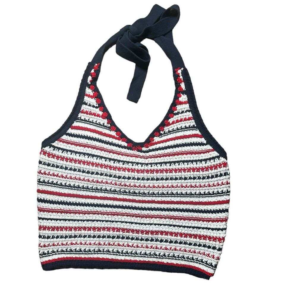 Moon & Madison Women's Boho 4th Of July Crochet Halter Crop Top Size XL